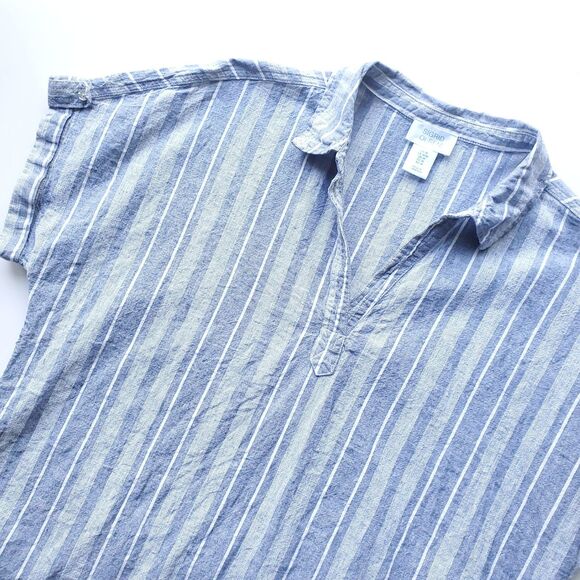Sigrid Olsen Linen Top Womens M Blue Stripe Popover Cotton Blend Lagom Blouse - Picture 2 of 8